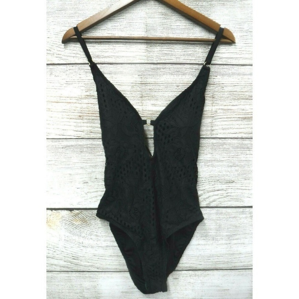 Emerald Bay Swim Womens‎ Size 12 Black Crochet Plunging One Piece Swimsuit New